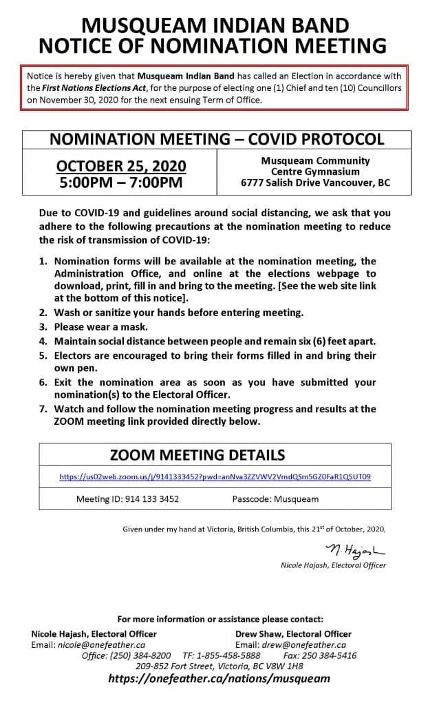 Musqueam Notice of Nomination Meeting