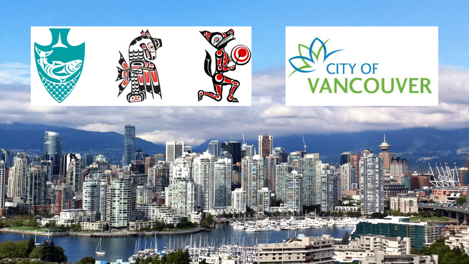 vancouver skyline with musqueam squamish tsleil-waututh and city of vancouver logos