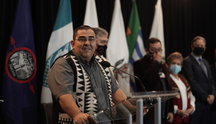 Chief Wayne Sparrow at the podium during the Olympics 2030 MOU announcement December 10, 2021