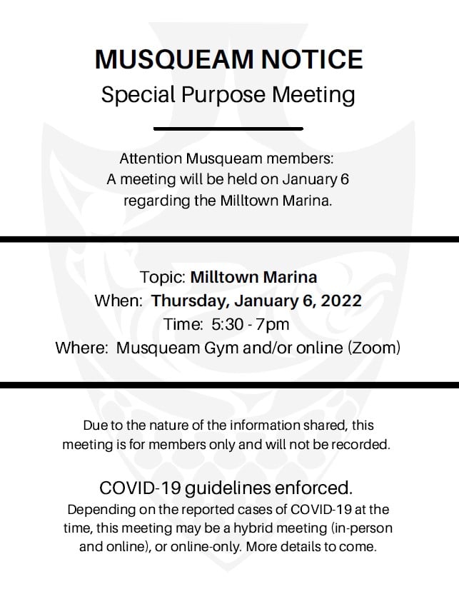 Musqueam Notice about a special purpose meeting on January 6