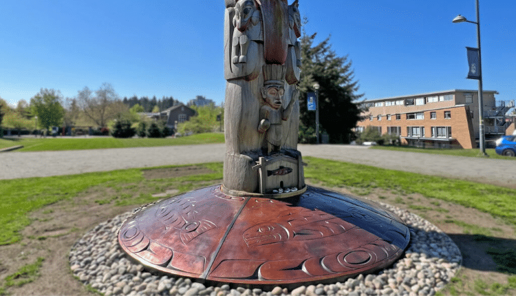 Bronze Disc designed by Musqueam master carver Richard Campbell. Photo taken May 2023.