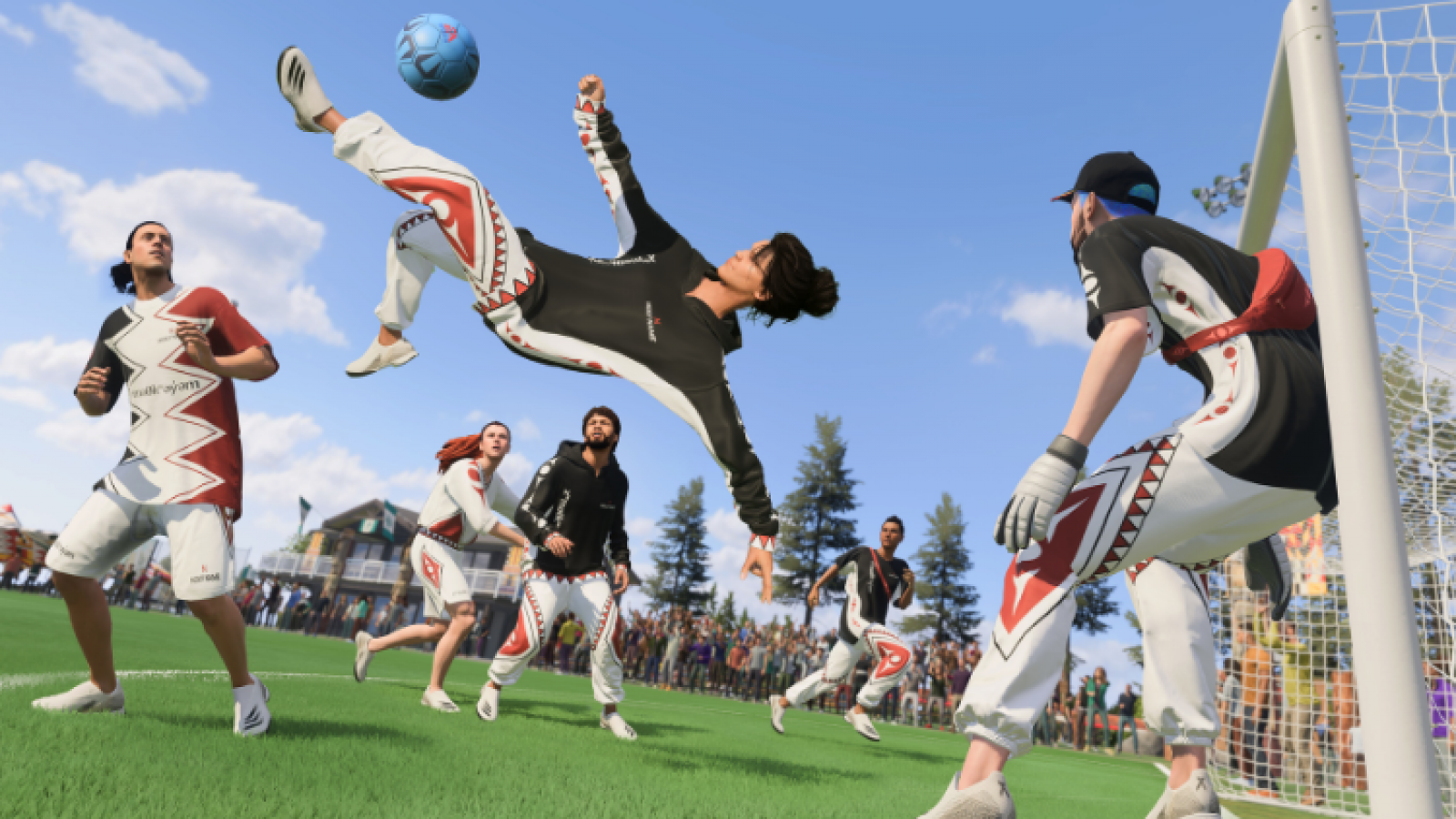 In-game image of players wearing Musqueam gear designed by Cole Sparrow-Crawford